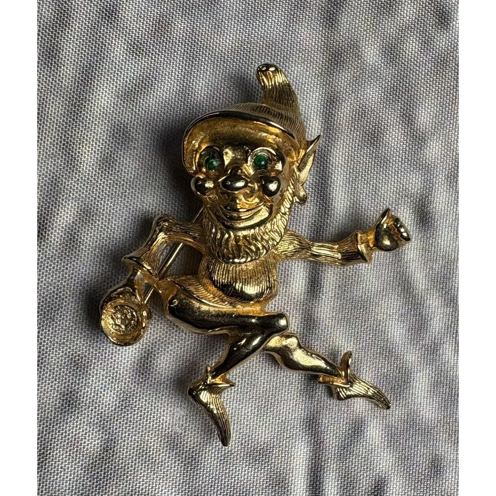 VTG Marcel Boucher Elf Leprechaun Brooch Pin Pearl Green Rhinestone Eyes 7458